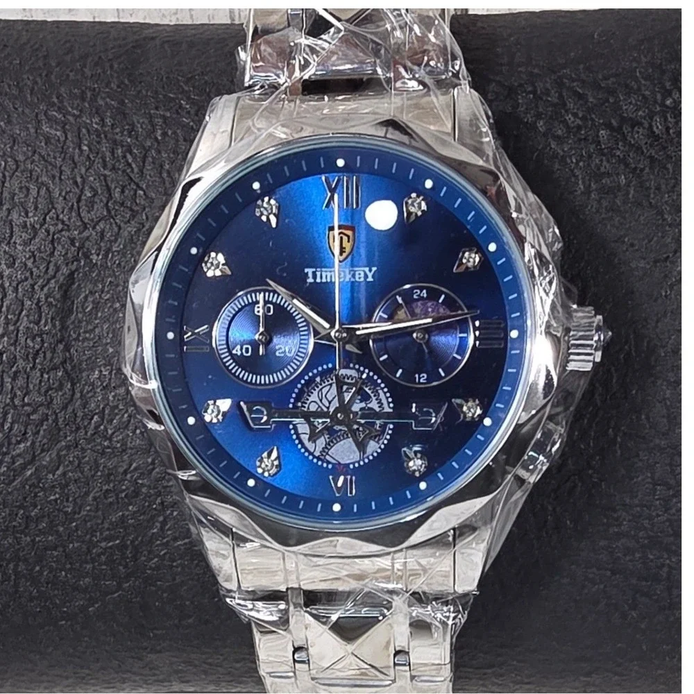 Timekey Mens Chronograph Watch Blue Dial Silver Stainless Steel Moon Phase New